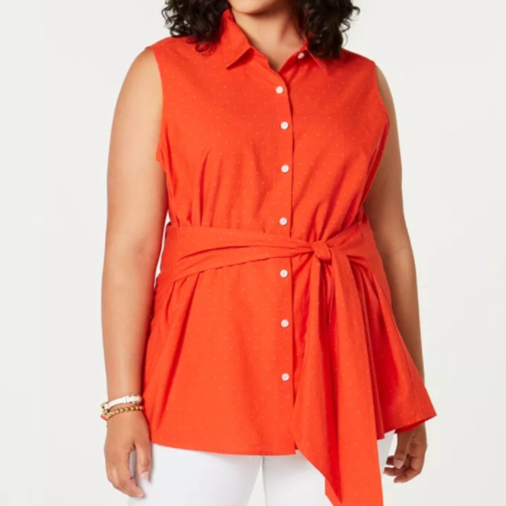 Orange Tommy Hilfiger Cotton Dot-Print Tie-Waist Shirt